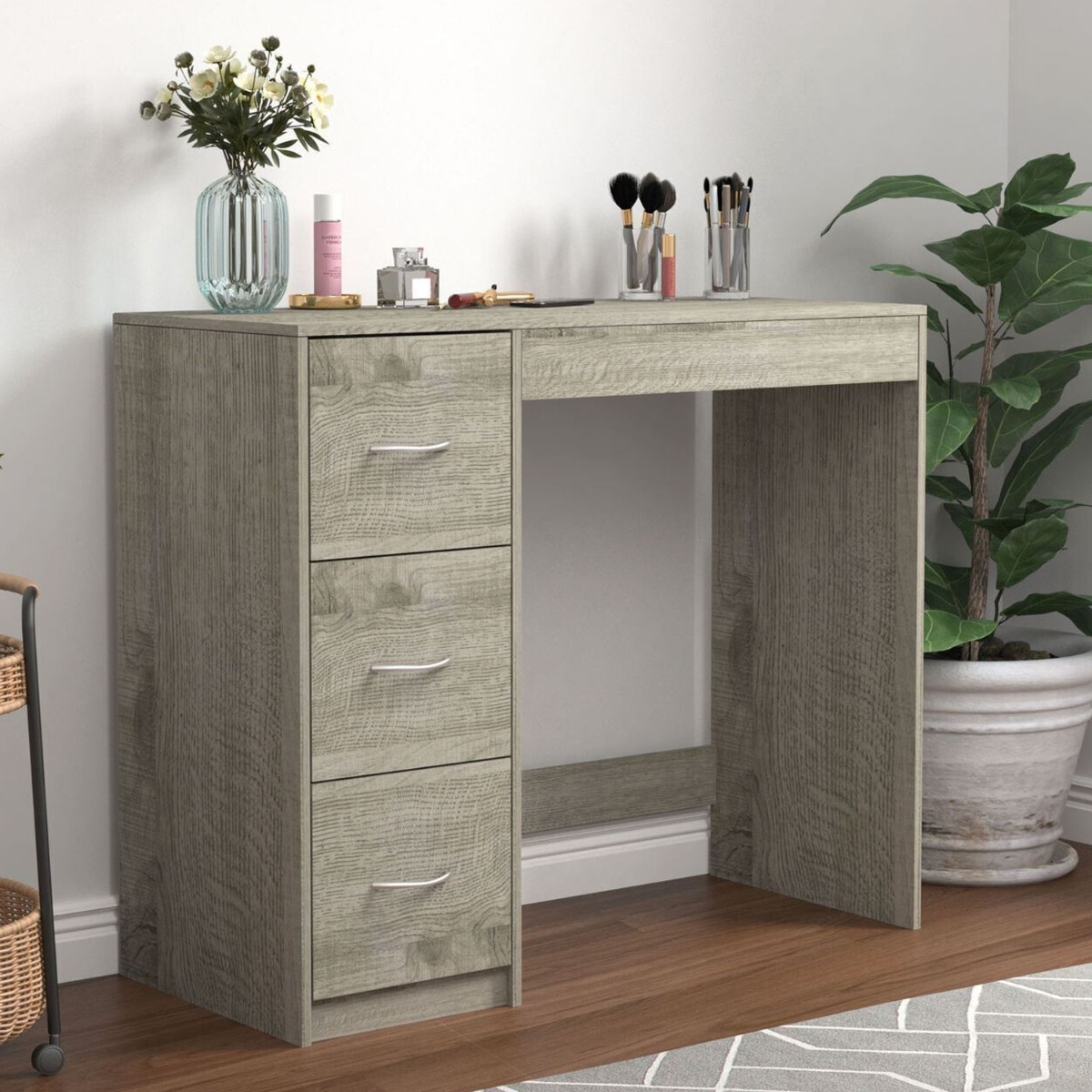 3 Drawer Wooden Computer Desk - Ash Grey Carcass with Ash Grey Drawers - Bedroom & More