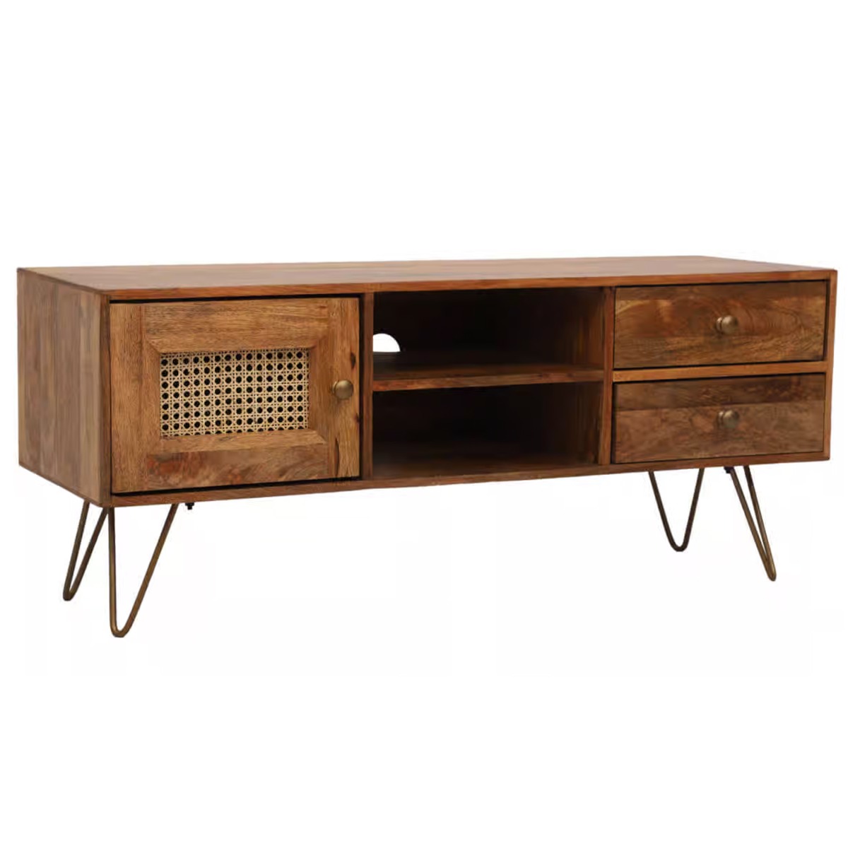 Lattice Design Mango Wood TV unit 120cm with Door and 2 Drawers - Brown - Cybil & Clive