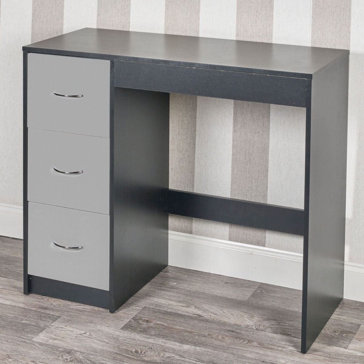 3 Drawer Wooden Computer Desk - Black Carcass with Grey Drawers - Bedroom & More
