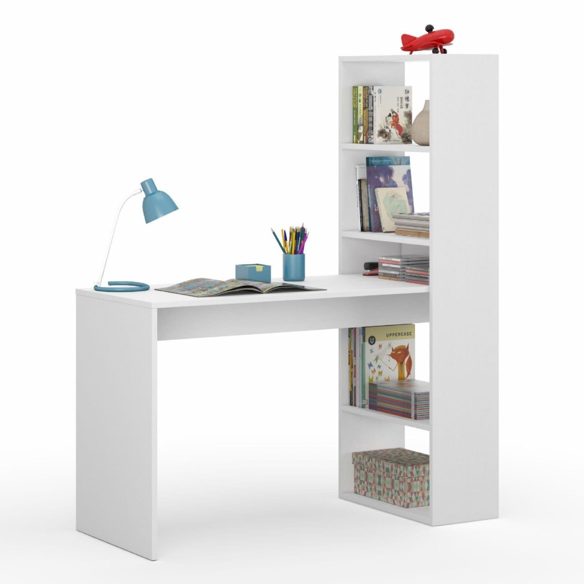 Compact Double Computer Desk Table with Bookcase - Matt White - Dalton Home