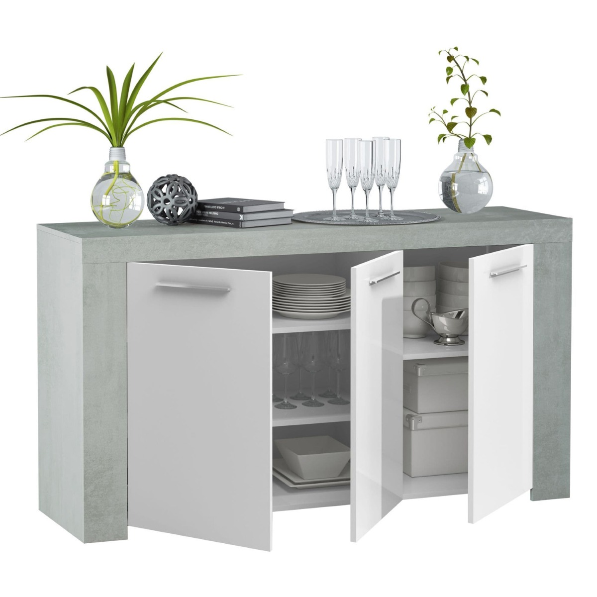 Kenneth Sleek Design 3 Door Sideboard - White and Grey - Dalton Home