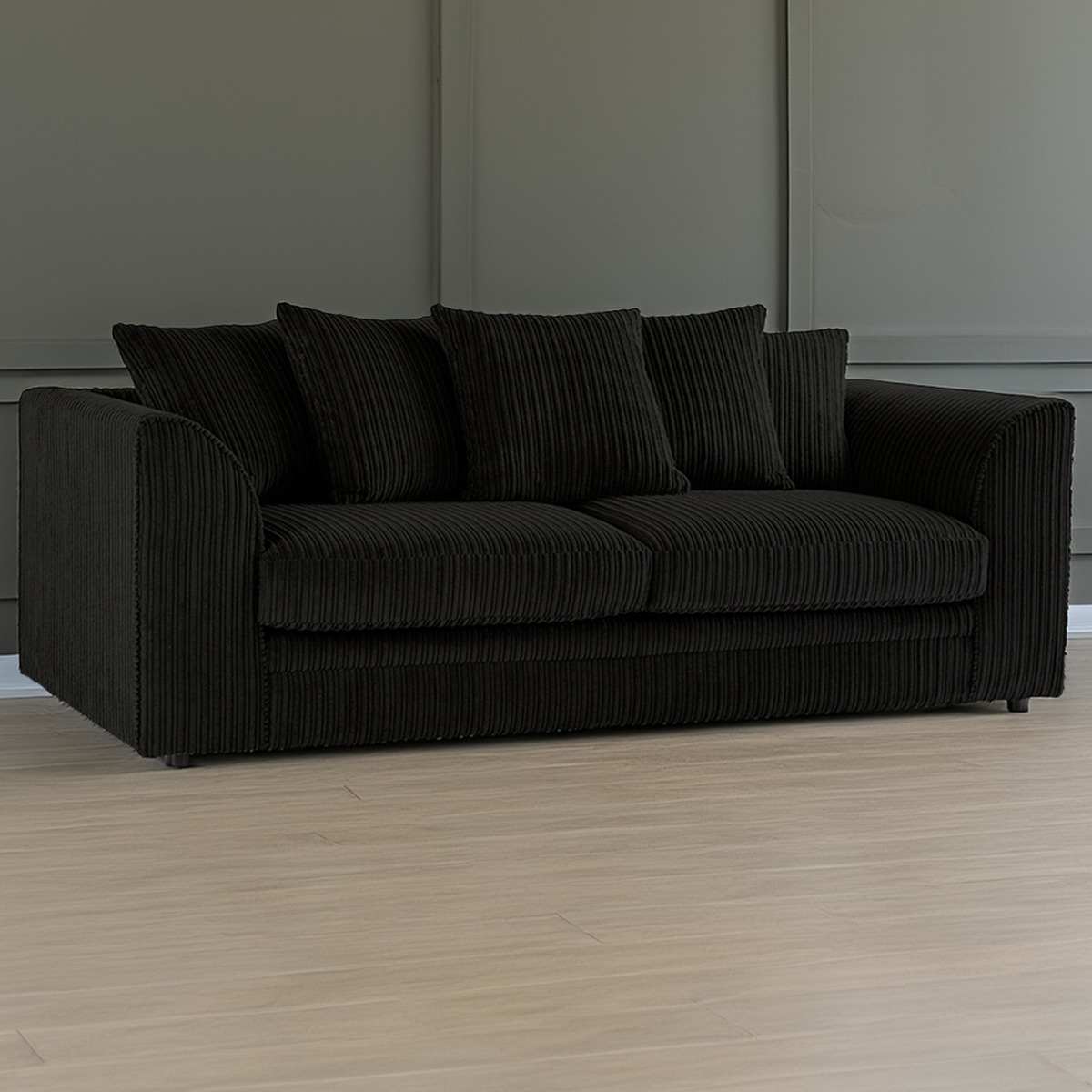 Desmond Jumbo Cord 3 Seater Scatterback Sofa - Black - Home Done