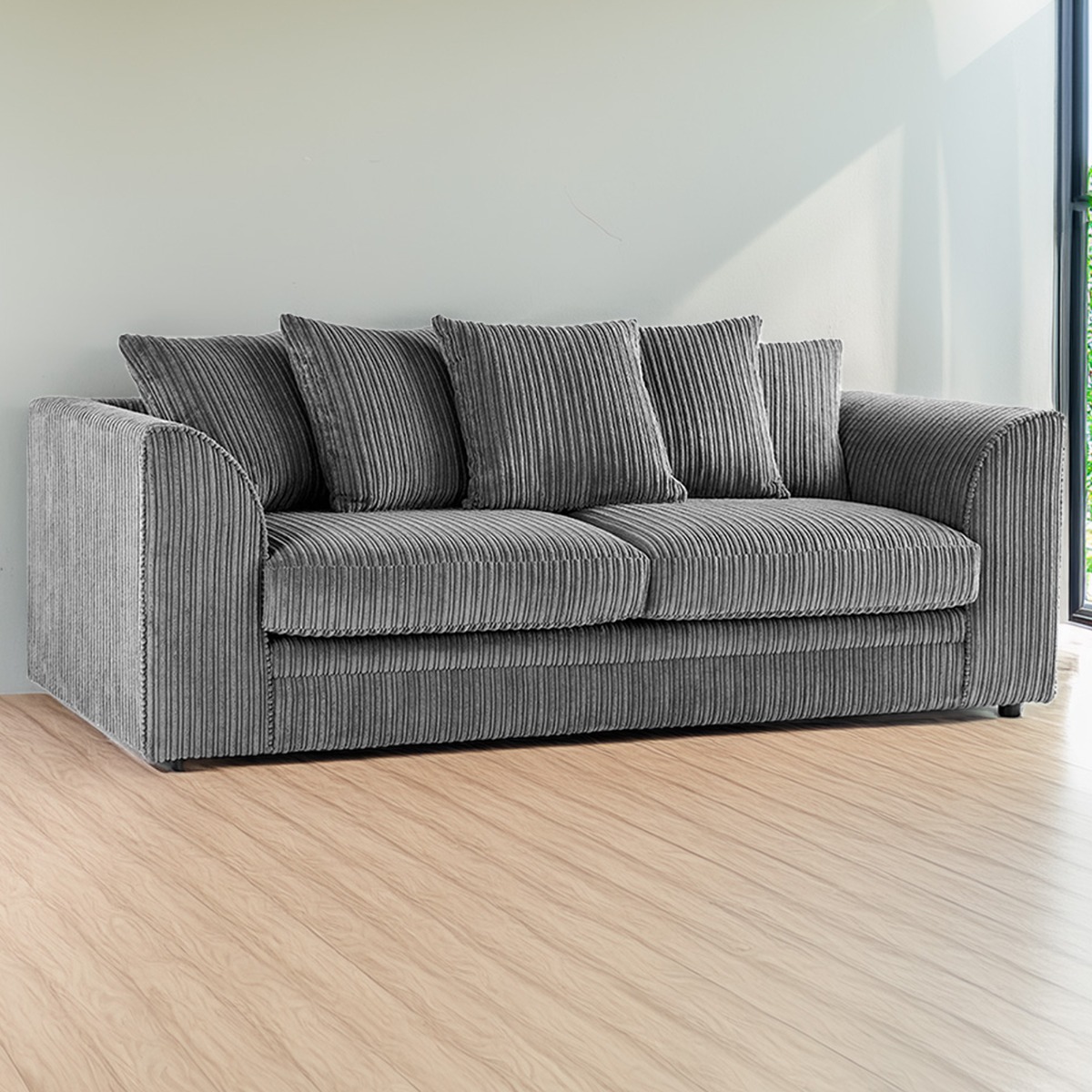 Desmond Jumbo Cord 3 Seater Scatterback Sofa - Grey - Home Done