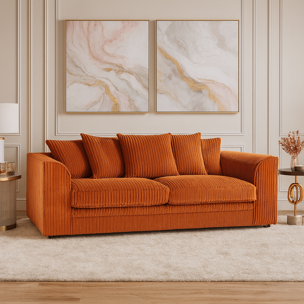 Desmond Jumbo Cord 3 Seater Scatterback Sofa - Orange - Home Done