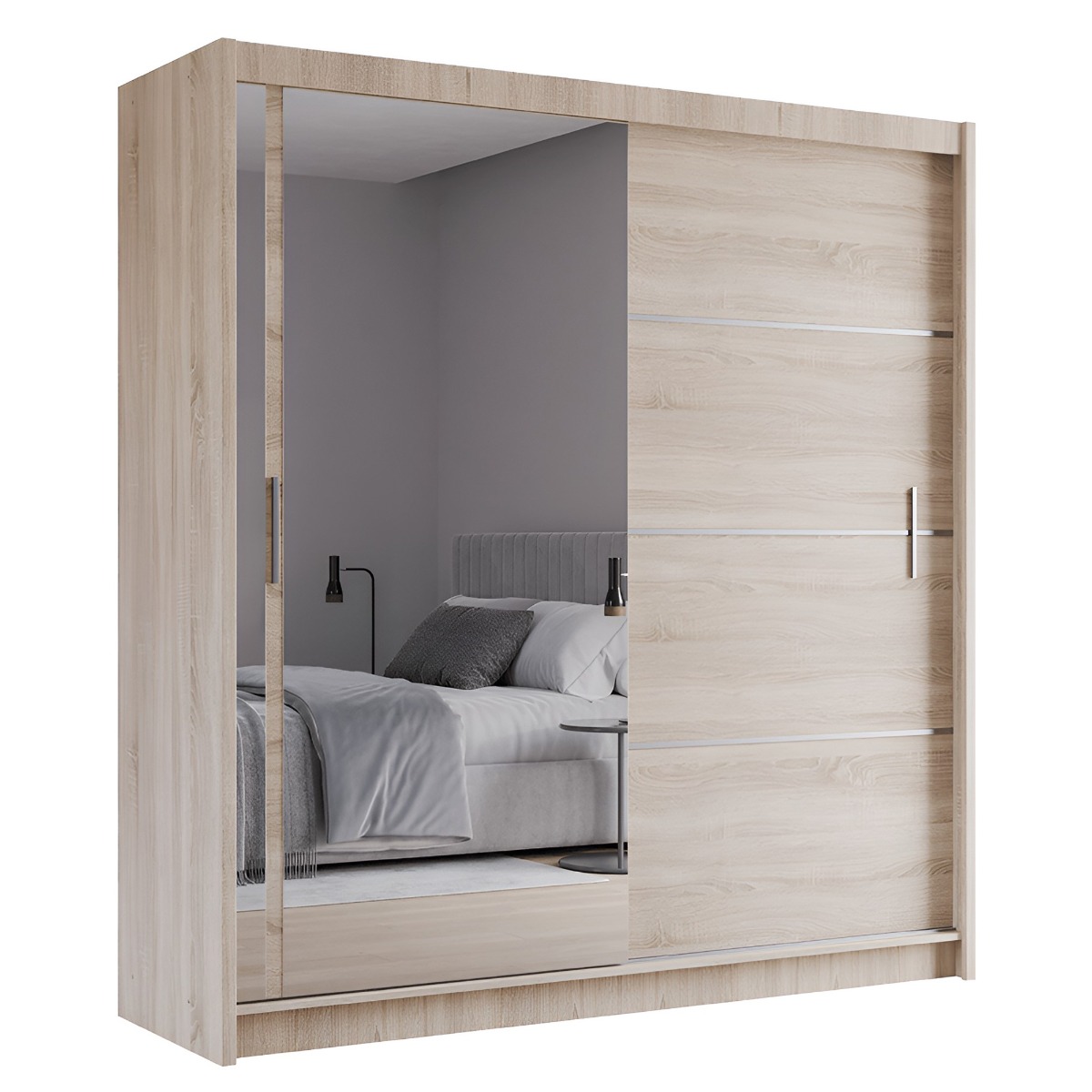 BROADLAND 2 Door Mirrored Sliding Wardrobe Light Oak - 203cm - Avellino & Wells