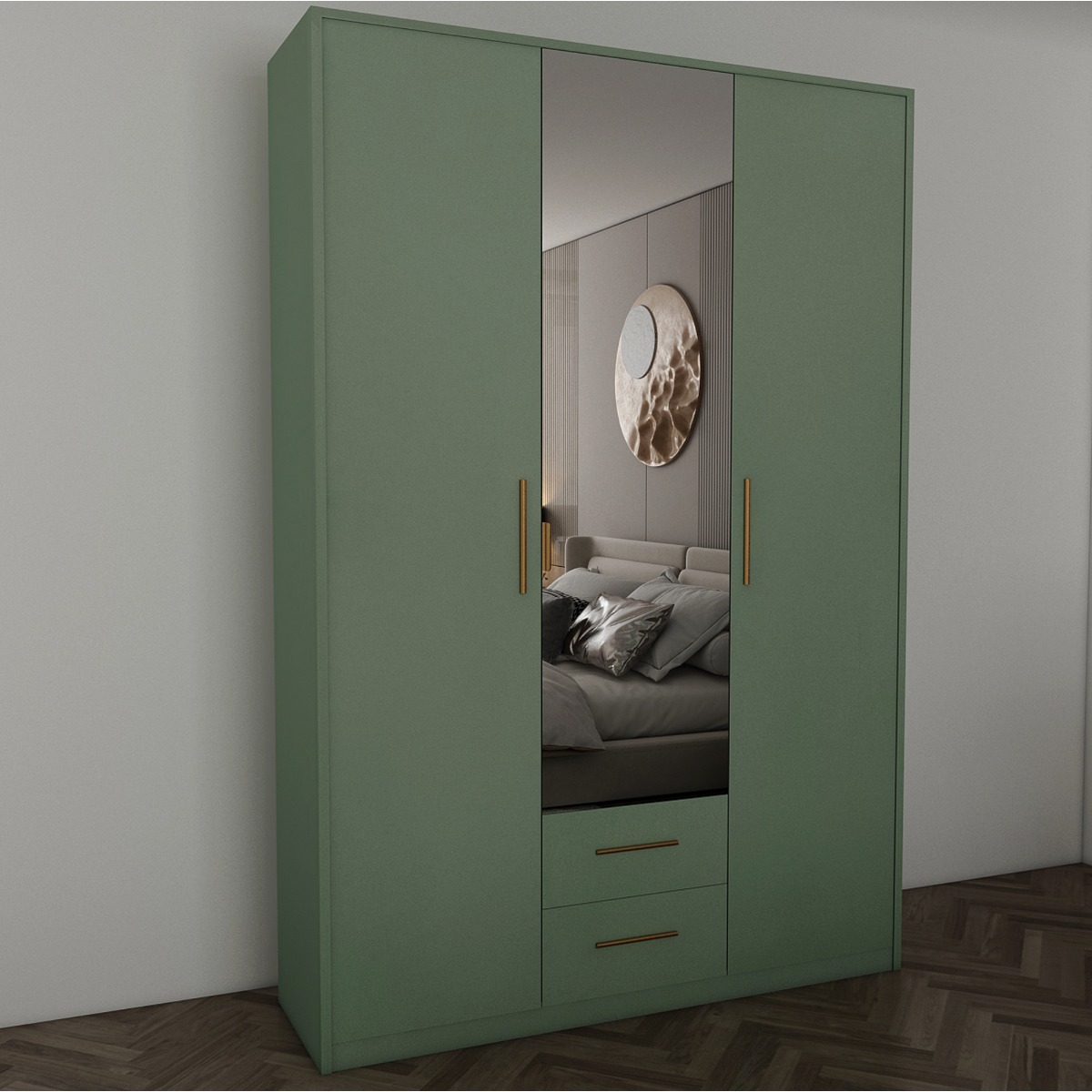 Wardrobe - WINSTEAD 3 Door Mirrored Wardrobe Dark Green 135cm - Wimex Distribution