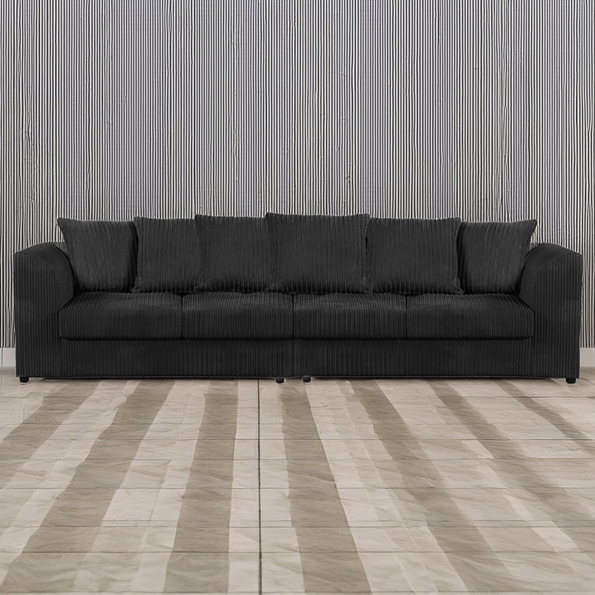 Desmond Jumbo Cord 4 Seater Scatterback Sofa - Black - Home Done