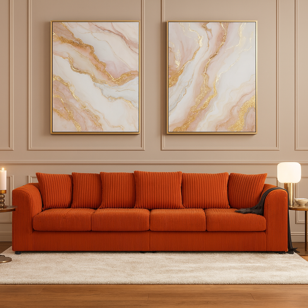 Desmond Jumbo Cord 4 Seater Scatterback Sofa - Orange - Home Done