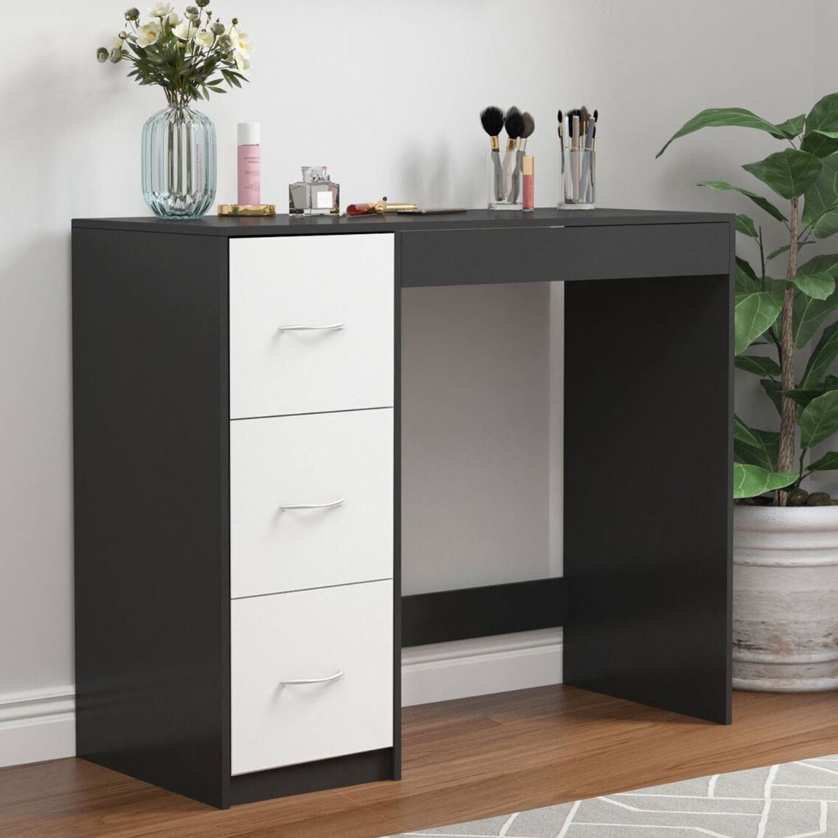 3 Drawer Wood Dressing Jewellery Work Desk - Black Carcass with White Drawers - Bedroom & More