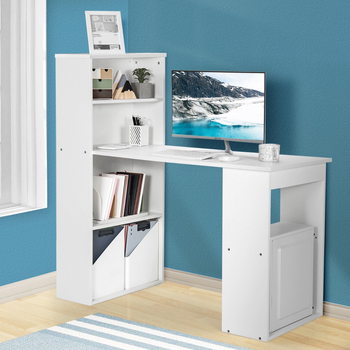 2 in 1 Design Wooden Computer Desk with 6 Tier Storage Shelves - White - Bedroom & More