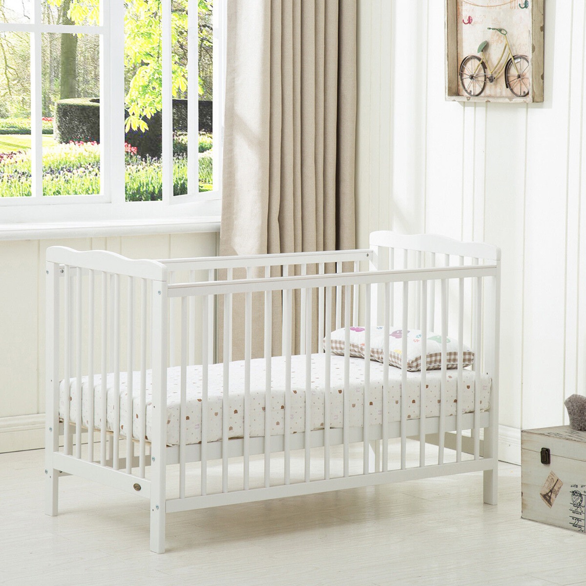 Classic Solid Pine Wood Baby Cot Crib With Water Repellent Mattress - White - Bedroom & More
