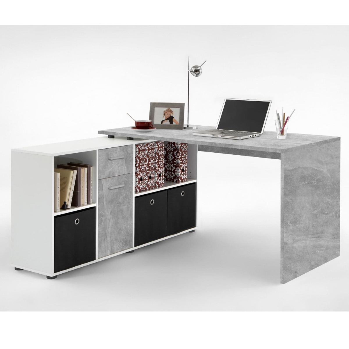 Claire Versatile Design Corner Desk - Concrete Grey Effect with White - Dalton Home