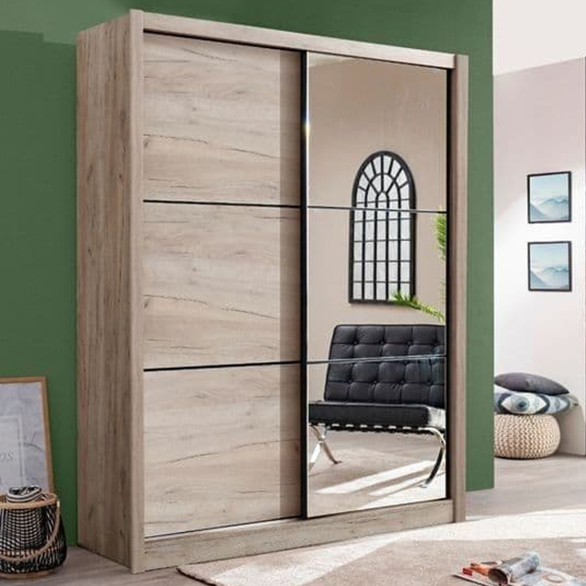 Sliding Wardrobe - SONATA 2 Door Mirrored Wardrobe Oak Effect 166.2cm - Dalton Home