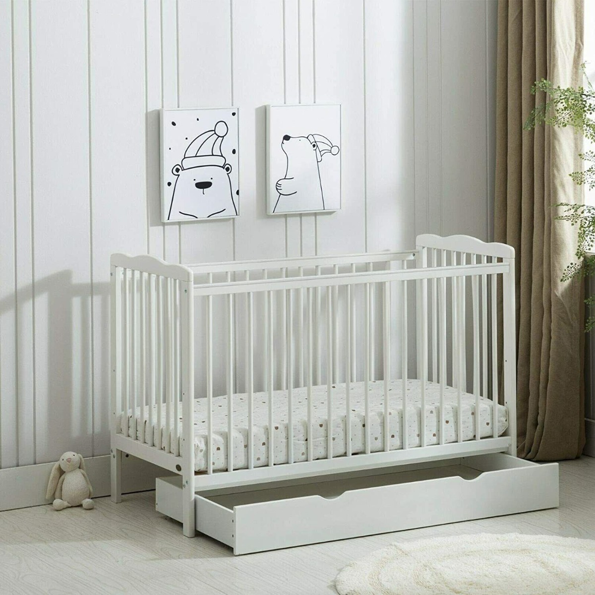 Classic Solid Pine Wood Baby Cot Crib With Water Repellent Mattress and Wheeled Drawer - White - Bedroom & More