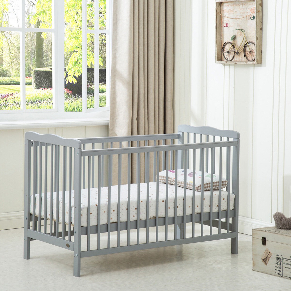 Classic Solid Pine Wood Baby Cot Crib With Water Repellent Mattress - Grey - Bedroom & More