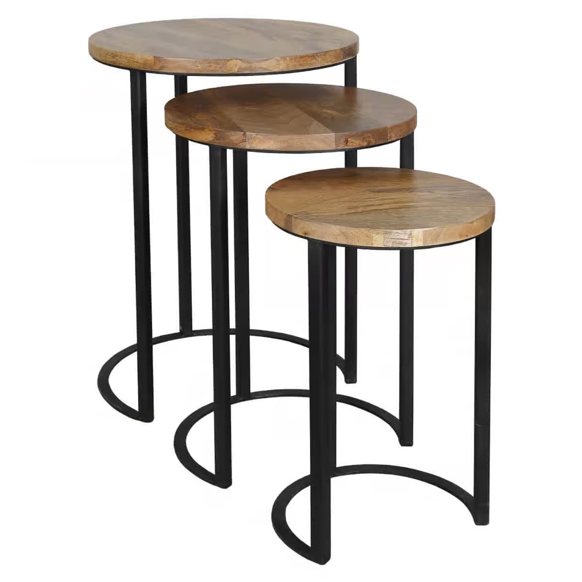 Tracey Industrial Iron Round Nesting Tables - Light Wood Tone - Cybil & Clive