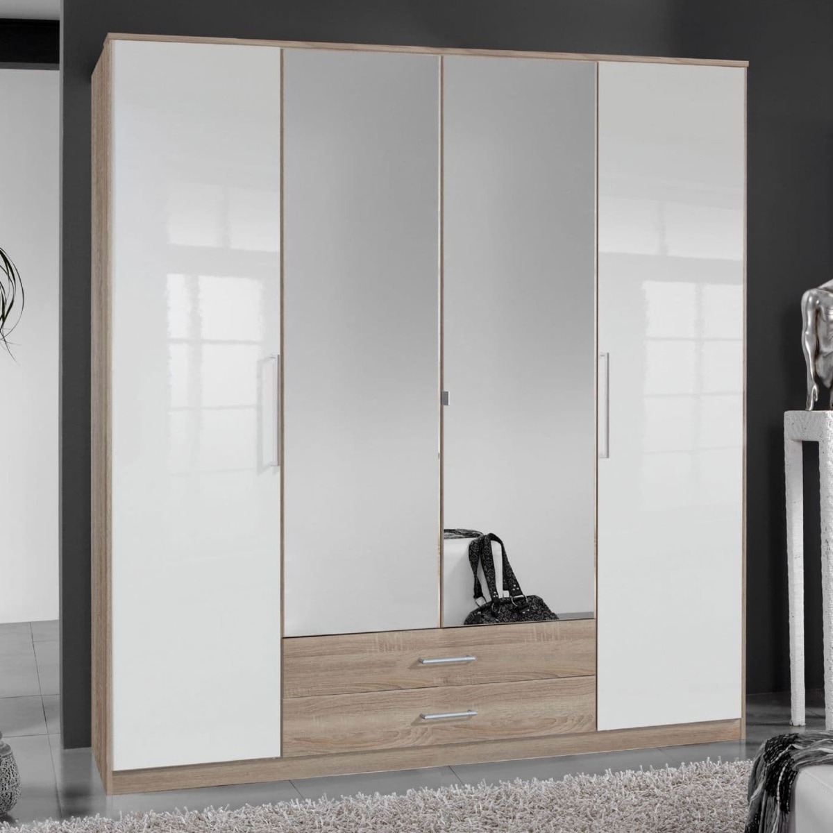Wardrobe - DANIEL 4 Door Wardrobe White Gloss And Oak Effect 180cm - Dalton Home