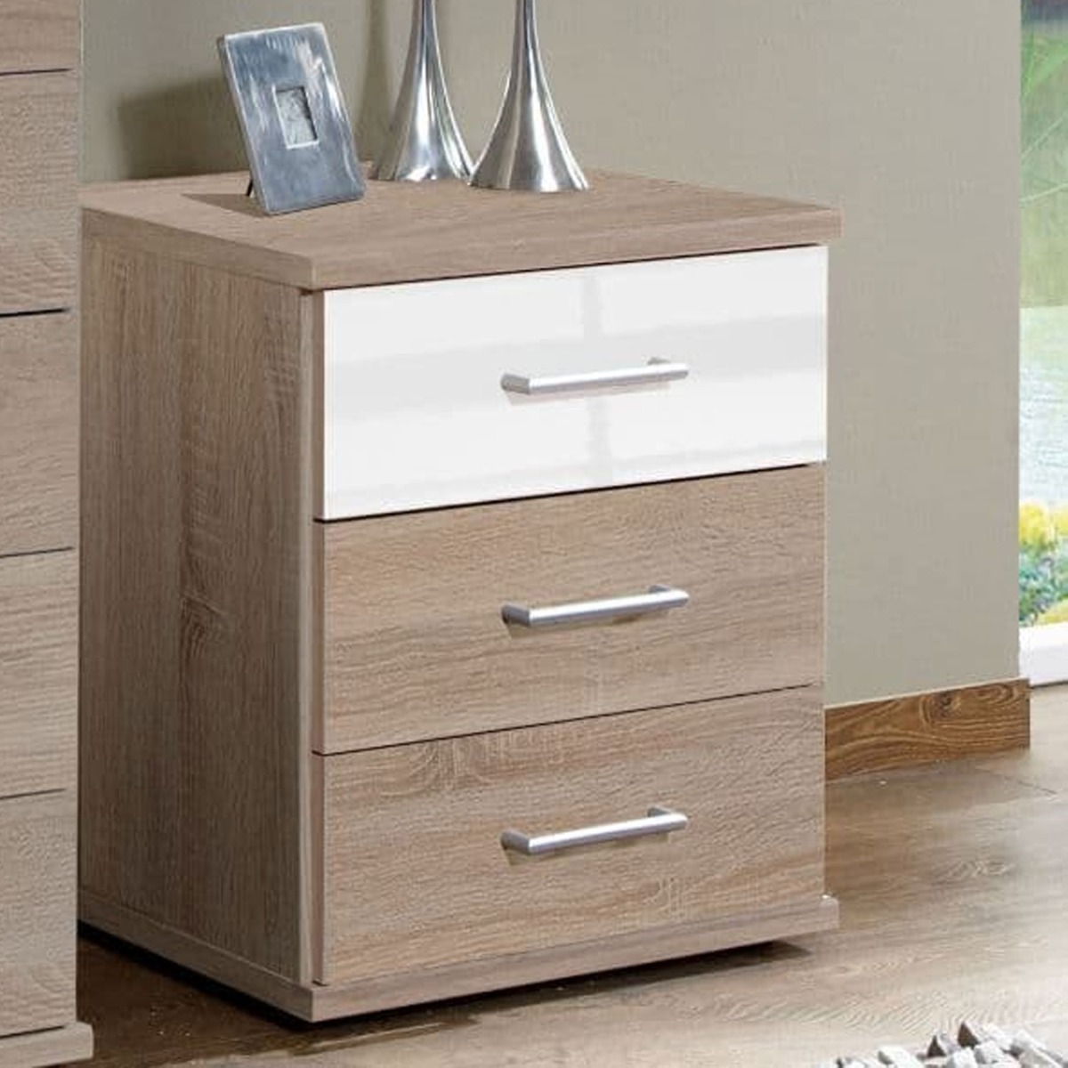 Bedside Table - DANIEL 3 Drawer Nightstand White and Oak Effect 46cm - Dalton Home