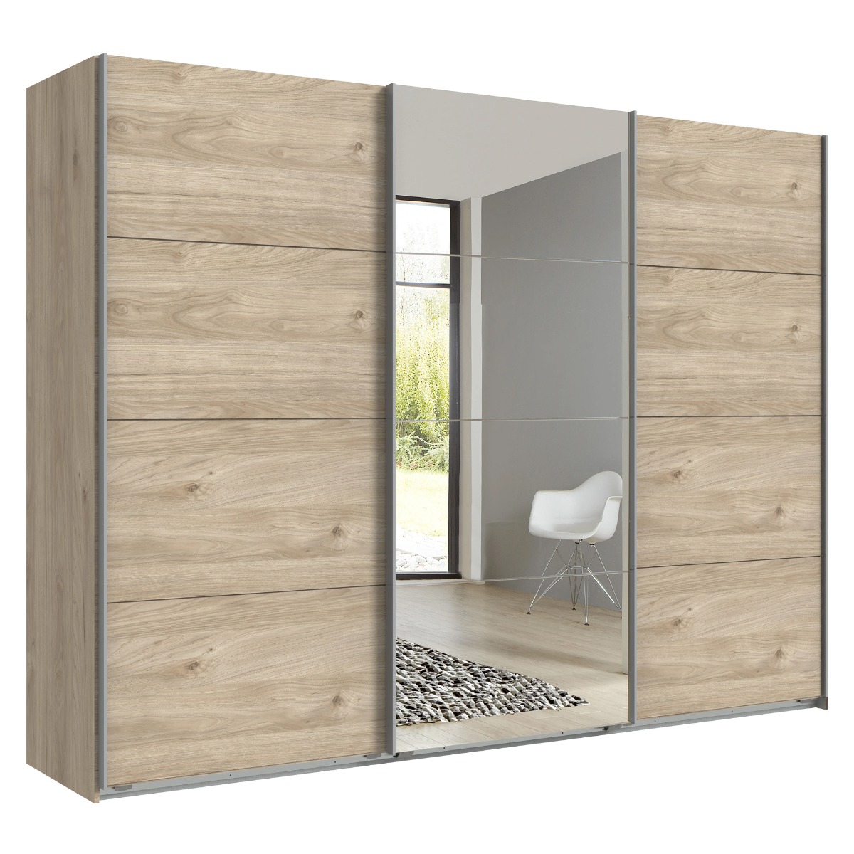 AMBER 3 Door Mirrored Sliding Wardrobe Oak - 270cm - Wimex Distribution