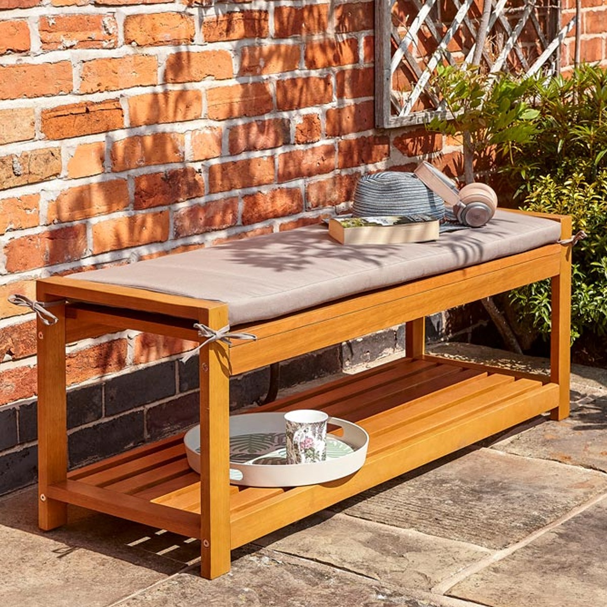 Helen Occasional Bench Hardwood Timber with Under Seat Shelf and Seat Cushion - Etta Gardens