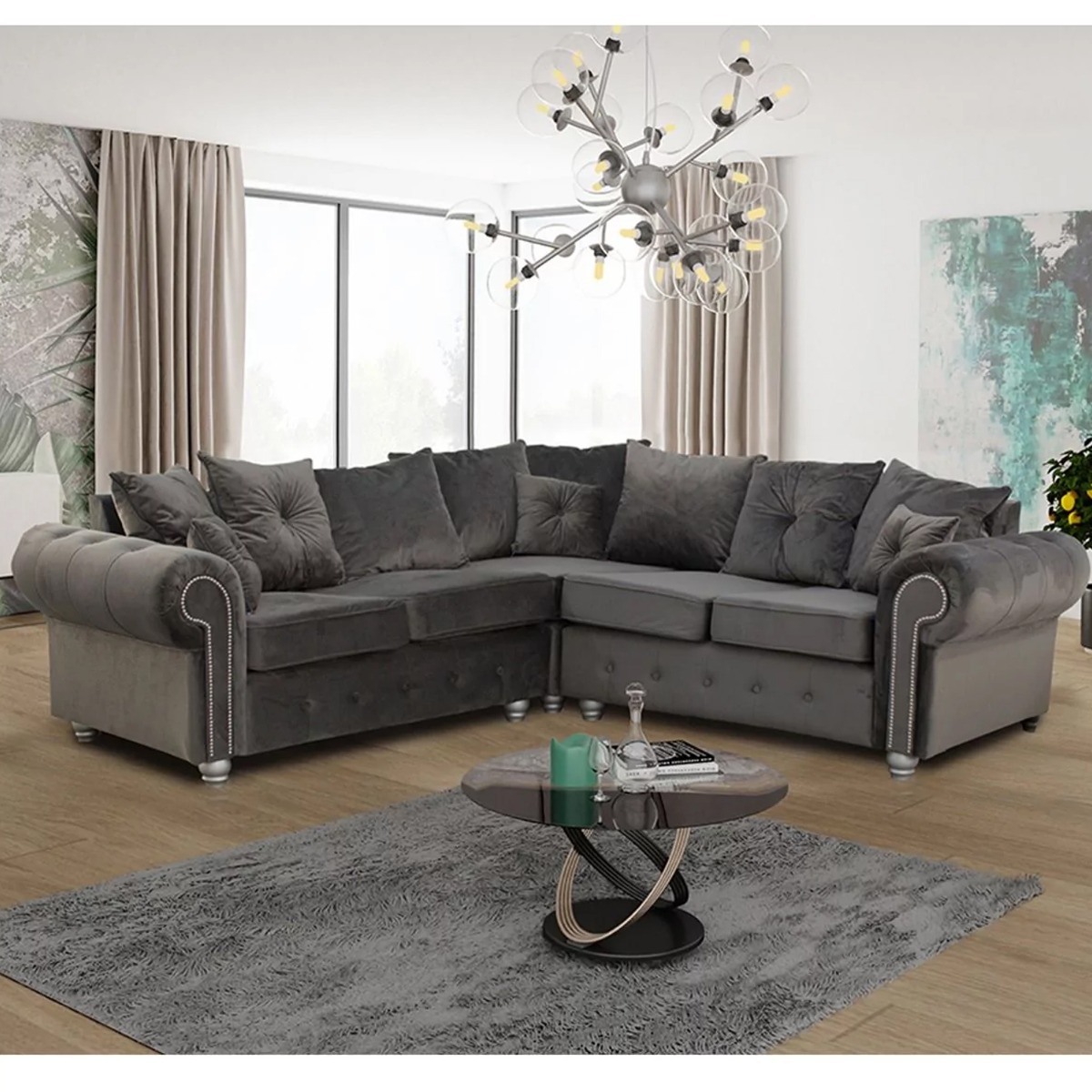 Ashwin Plush Velvet Corner Sofa - Grey - Home Done