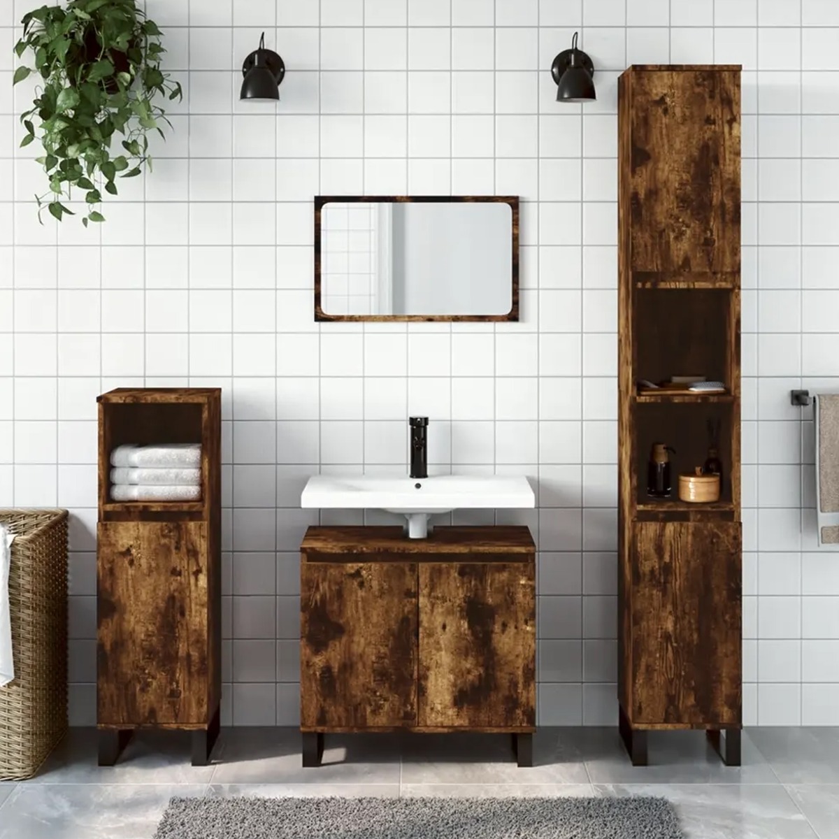 3 Pcs Bathroom Cabinet Set Metal Feet Smoked Oak Engineered Wood - Unbeatable Bargains
