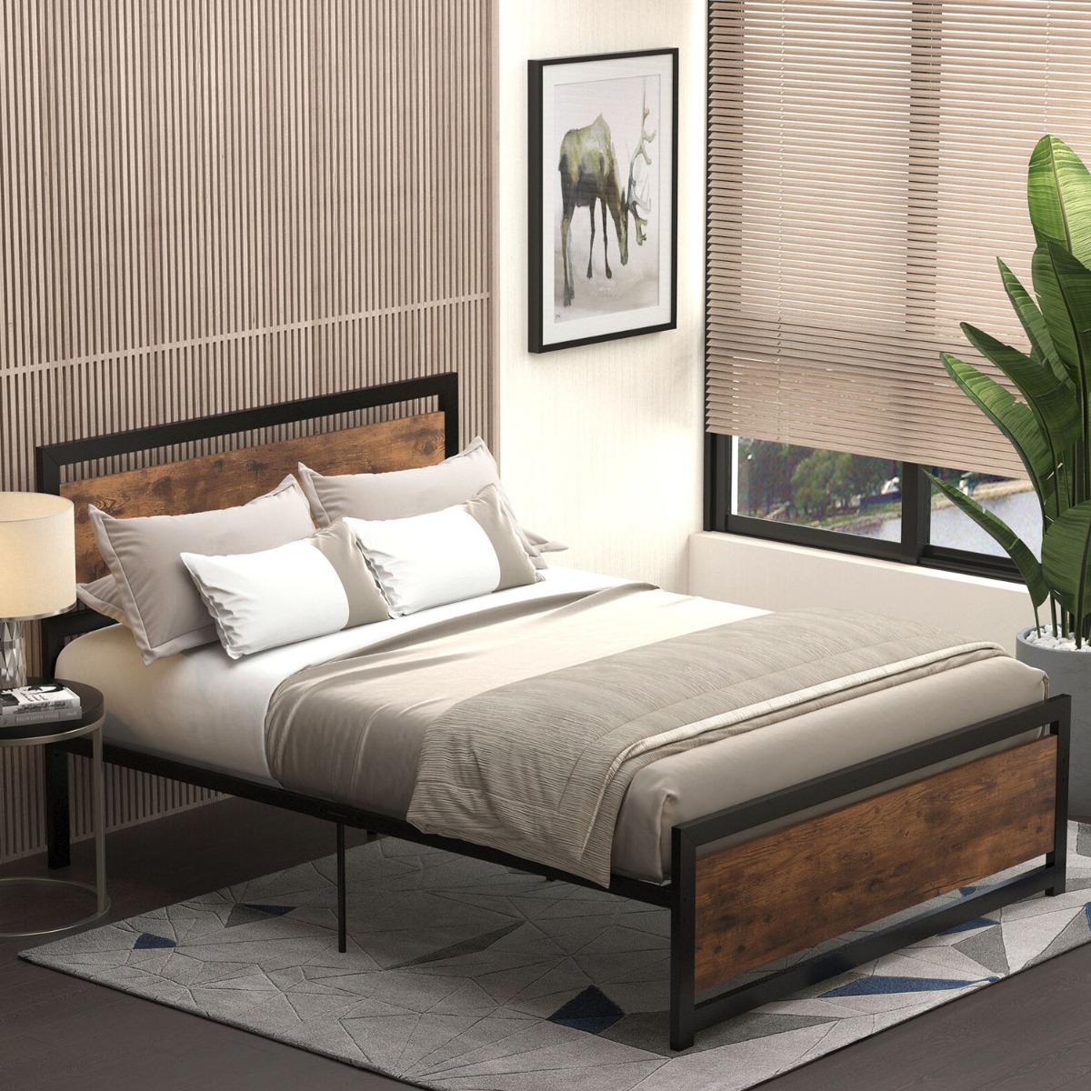 Metal Frame Bedstead Base Double Size Bed with Headboard and Footboard - Black & Rustic Brown - Bedroom & More