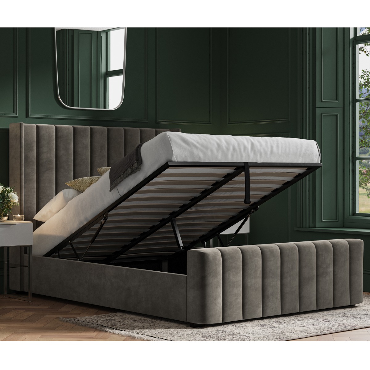 Stylish Wings Design Headboard Kilworth Medium Grey Velvet Ottoman Bed - Double - The Bed Emporium
