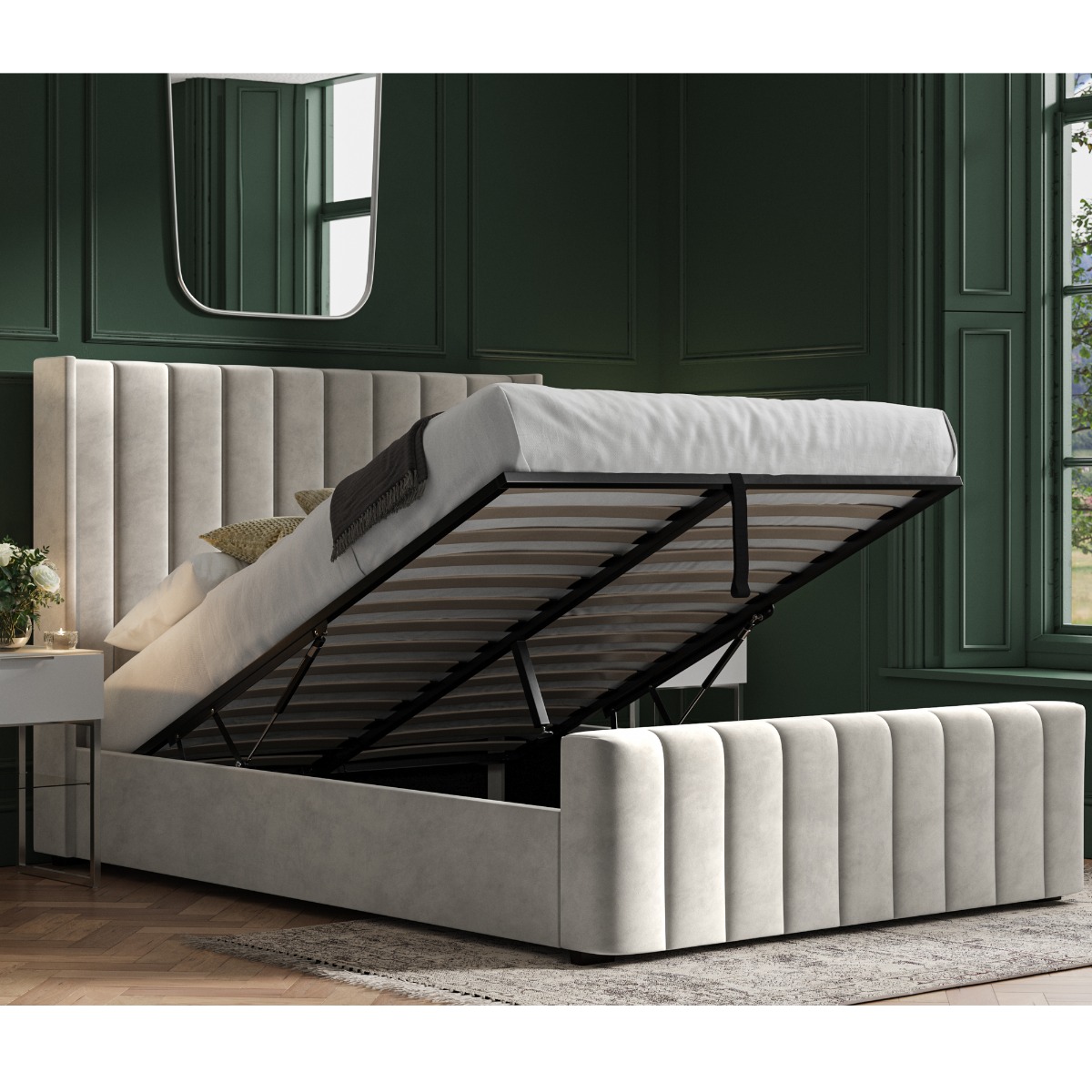 Stylish Wings Design Headboard Kilworth Light Grey Velvet Ottoman Bed - Double - The Bed Emporium