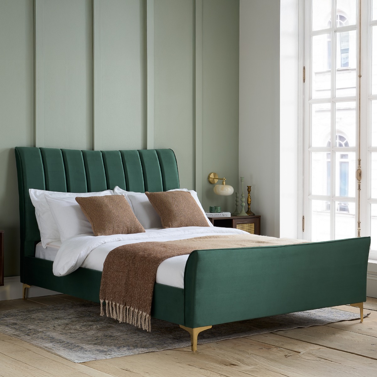 Clover Modern Design Green Velvet Gold Feets Bed - Kingsize 5ft - Birlea Essentials