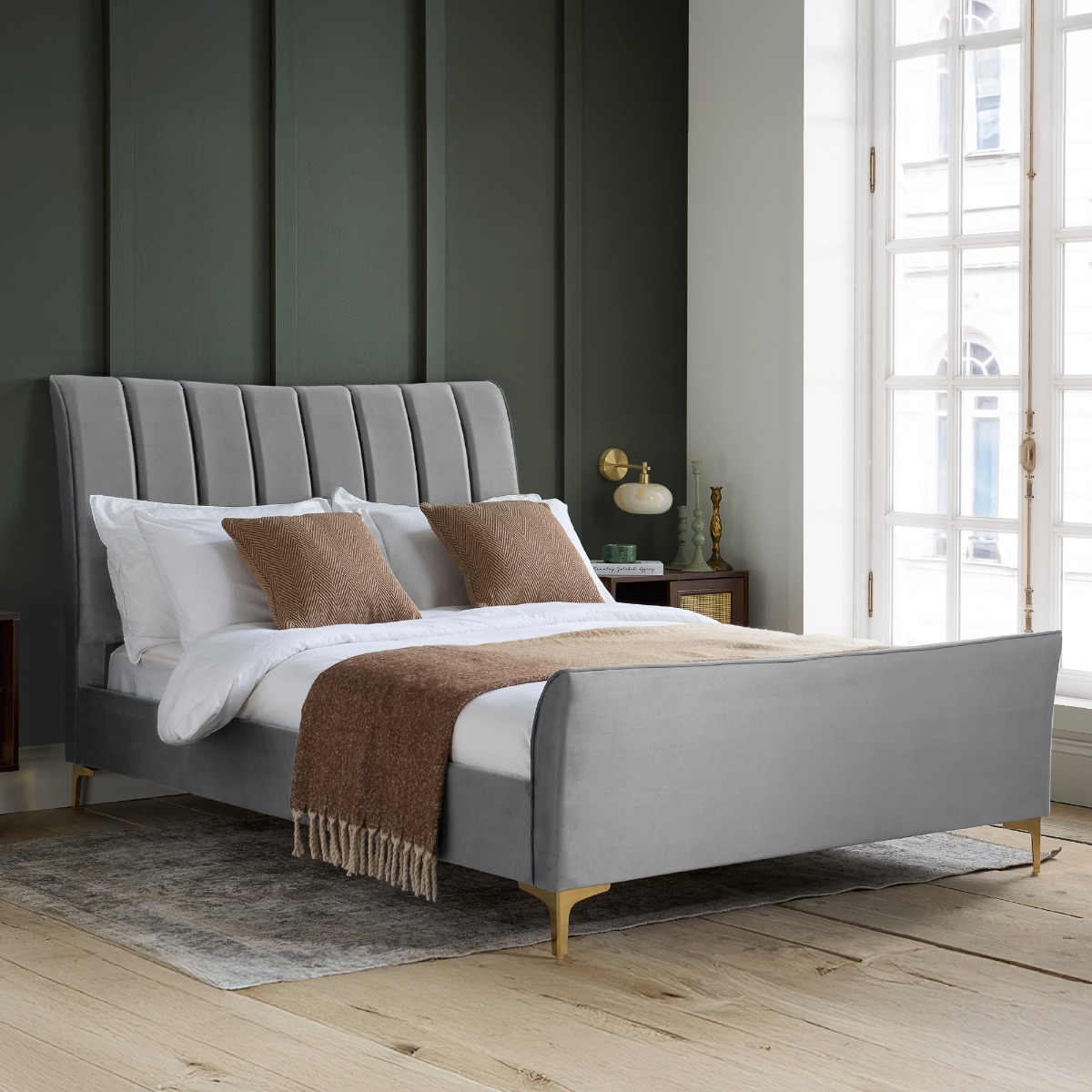 Clover Modern Design Grey Velvet Gold Feets Bed - Kingsize 5ft - Birlea Essentials