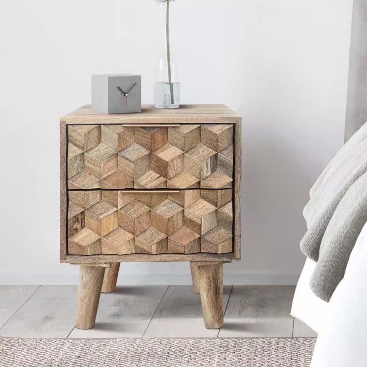 Bedside Table - GEOMETRIC 2 Drawer Nightstand Brown 40cm - Cybil & Clive