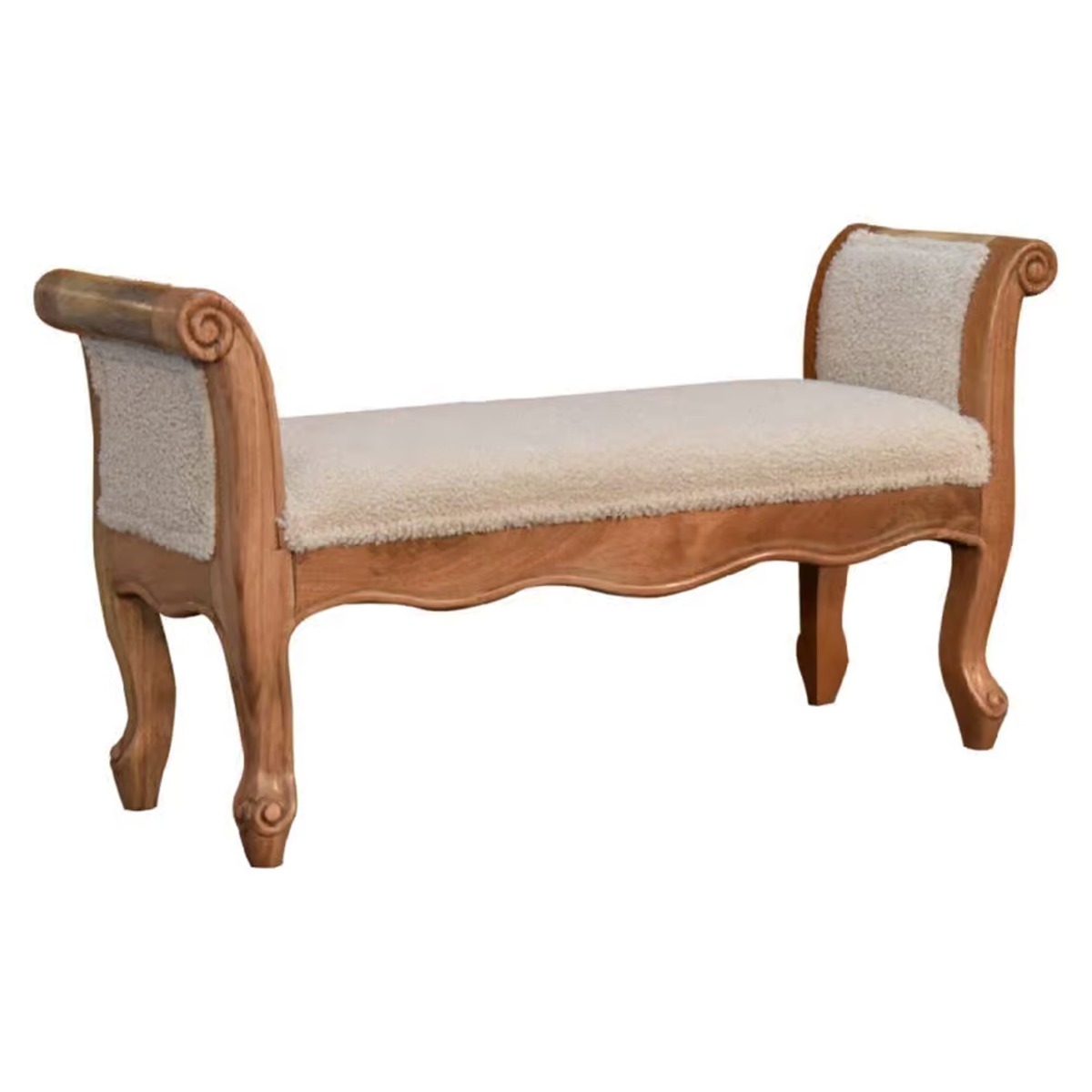 French Style Bench with Curled Cotton Fabric and Solid Oak Legs and Arms - Beasley & Sons