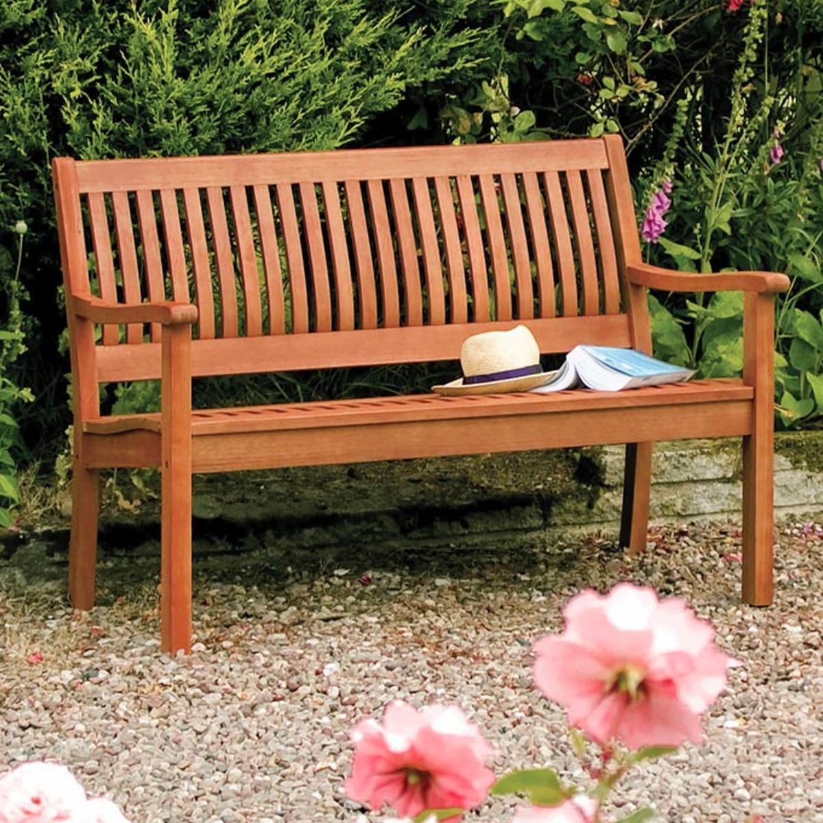 2 Seater Hardwood 1.2m Bench with Shaped Backrest - Stain Finish - Etta Gardens
