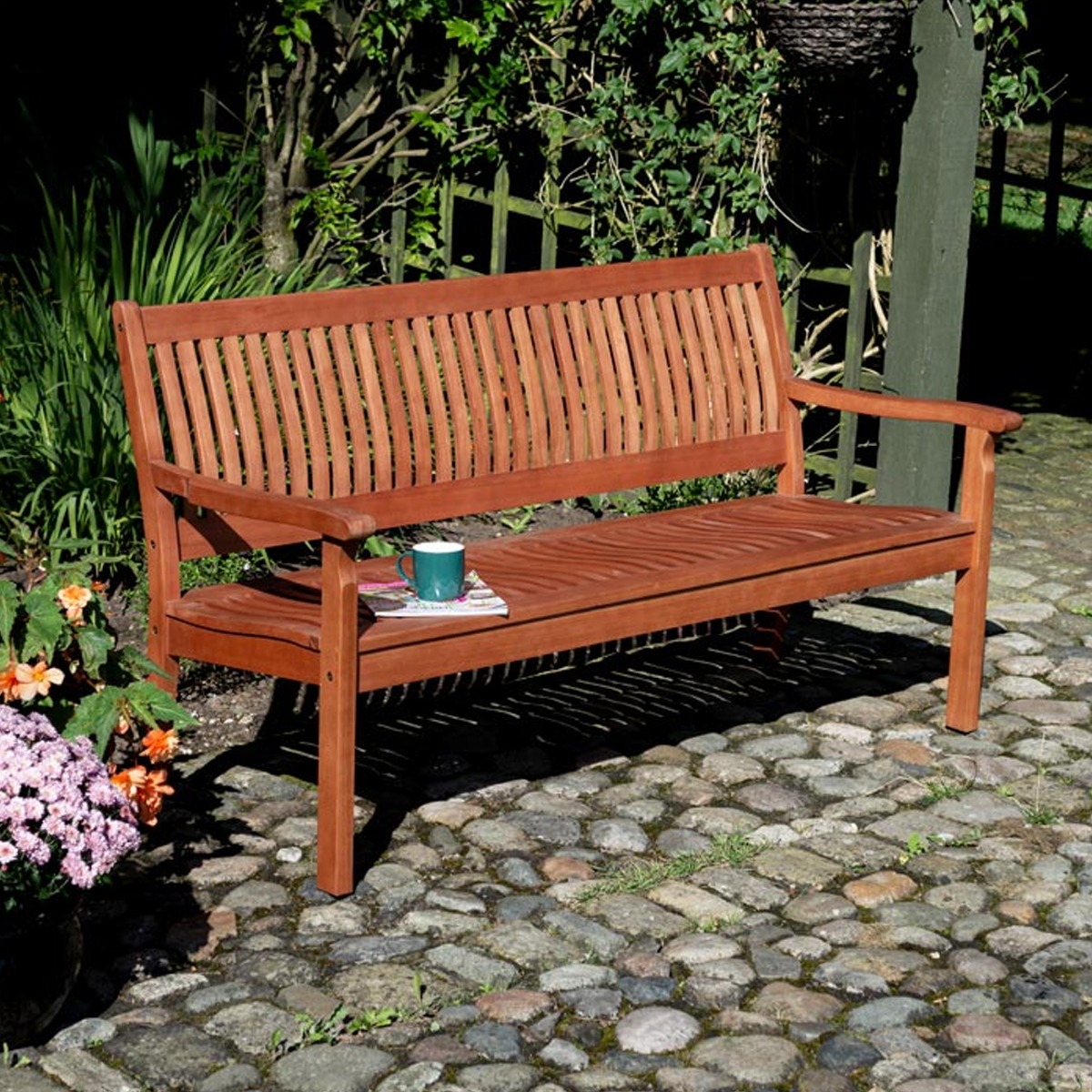 3 Seater Hardwood 1.5m Bench with Shaped Backrest - Stain Finish - Etta Gardens