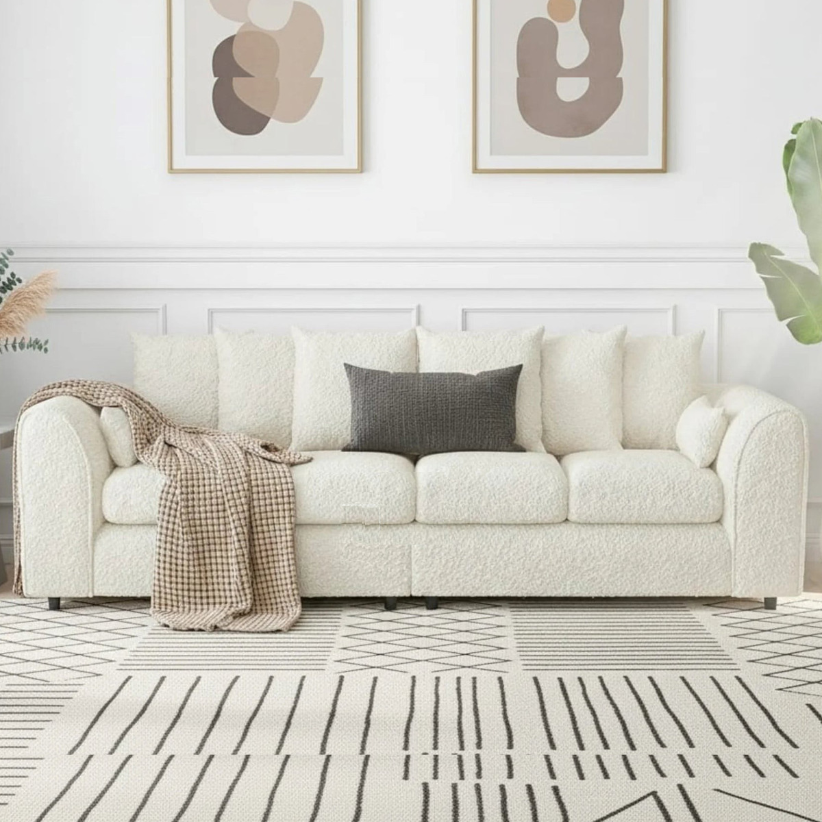 BELVANO Boucle Fabric 4 Seater Scatterback Sofa - Ivory - Home Done