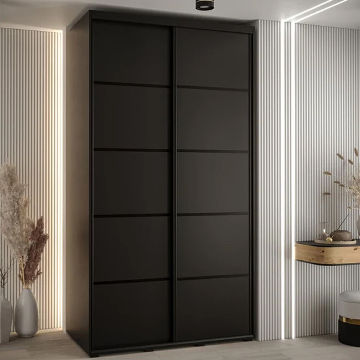 Sliding Wardrobe - CAVESSA 2 Door Wardrobe Black 140cm - Art Nest