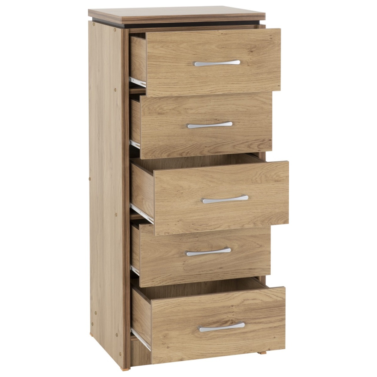 CREMONA Oak Finish Chest of Drawers - Tallboy, Medium-sized, 5 Drawers - Budget Deals