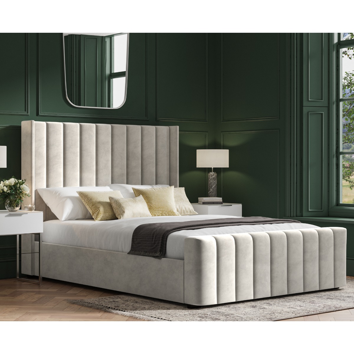 Stylish Wings Design Headboard Kilworth Light Grey Velvet Ottoman Bed - Kingsize - The Bed Emporium