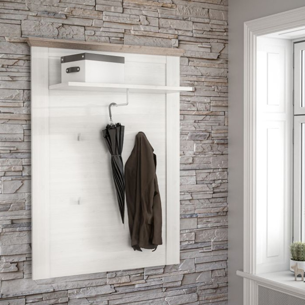 Launceston Wall Mounted Coat Hooks and Hanging Rail with Snowy Oak Effect - Rosalind Collection