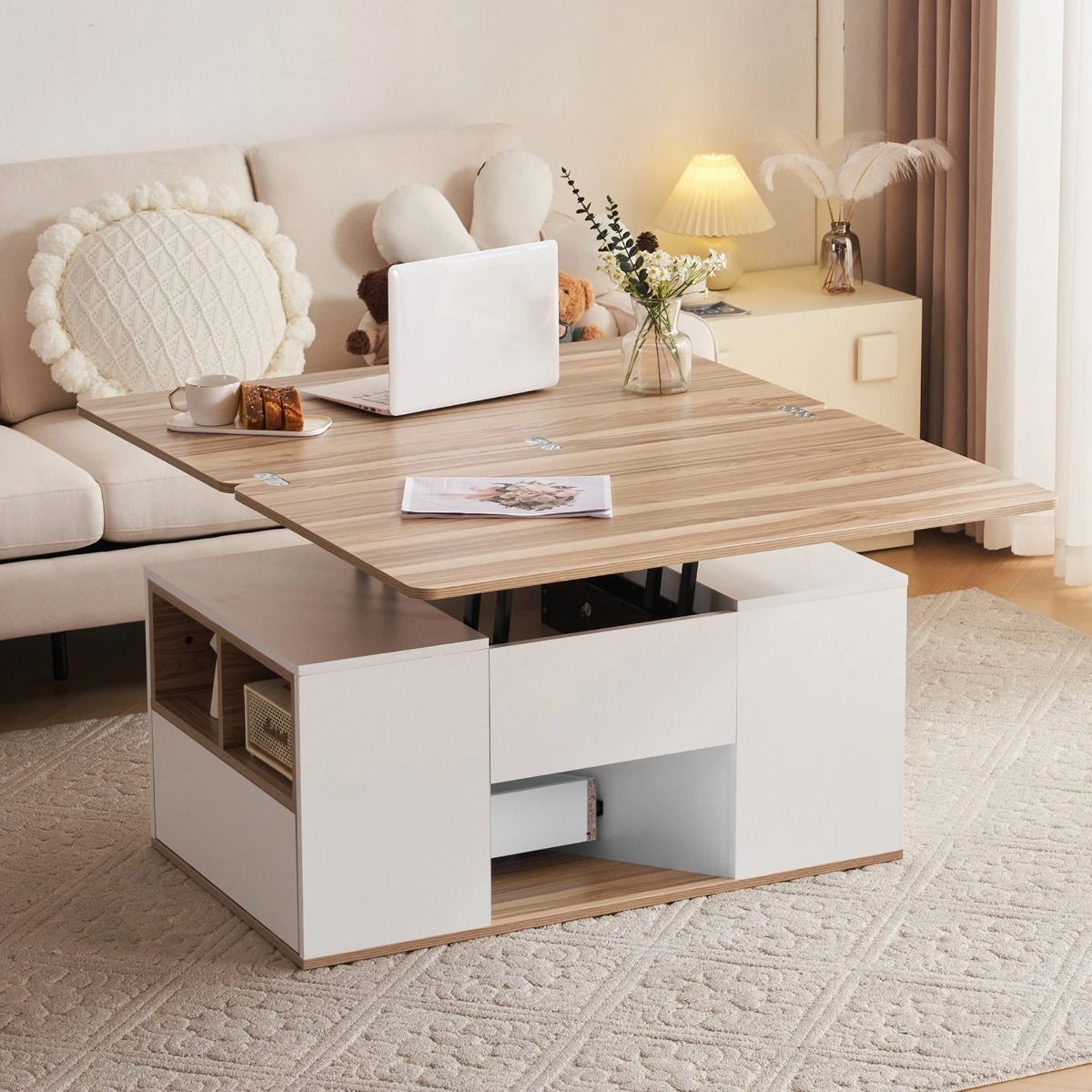 Height Adjustable Coffee Table with Hydraulic Lift, Storage Drawers and Oak White Finish - Bedroom & More