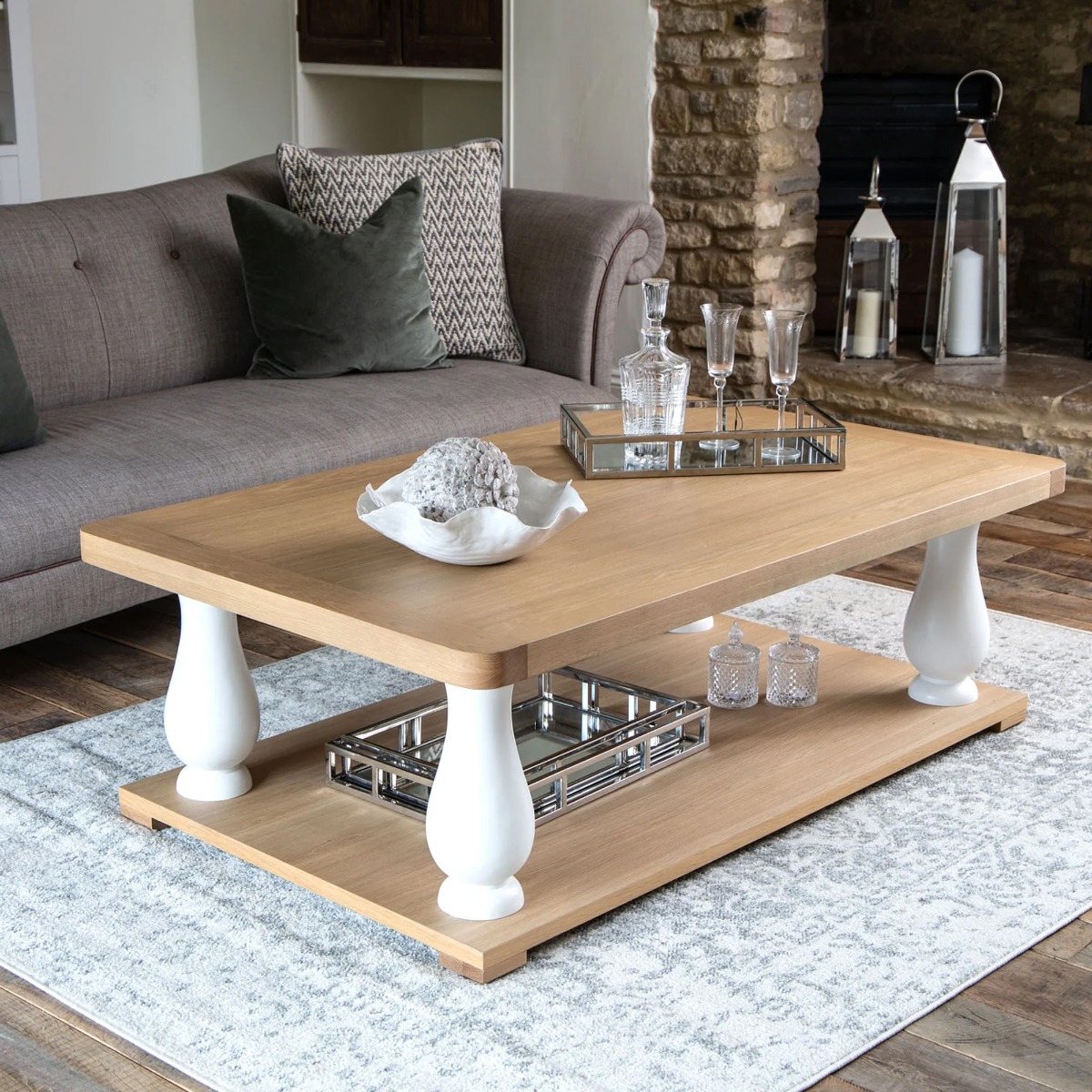 Chunky Oak Large Coffee Table with Open Magazine Shelf - White - Kettle Homes