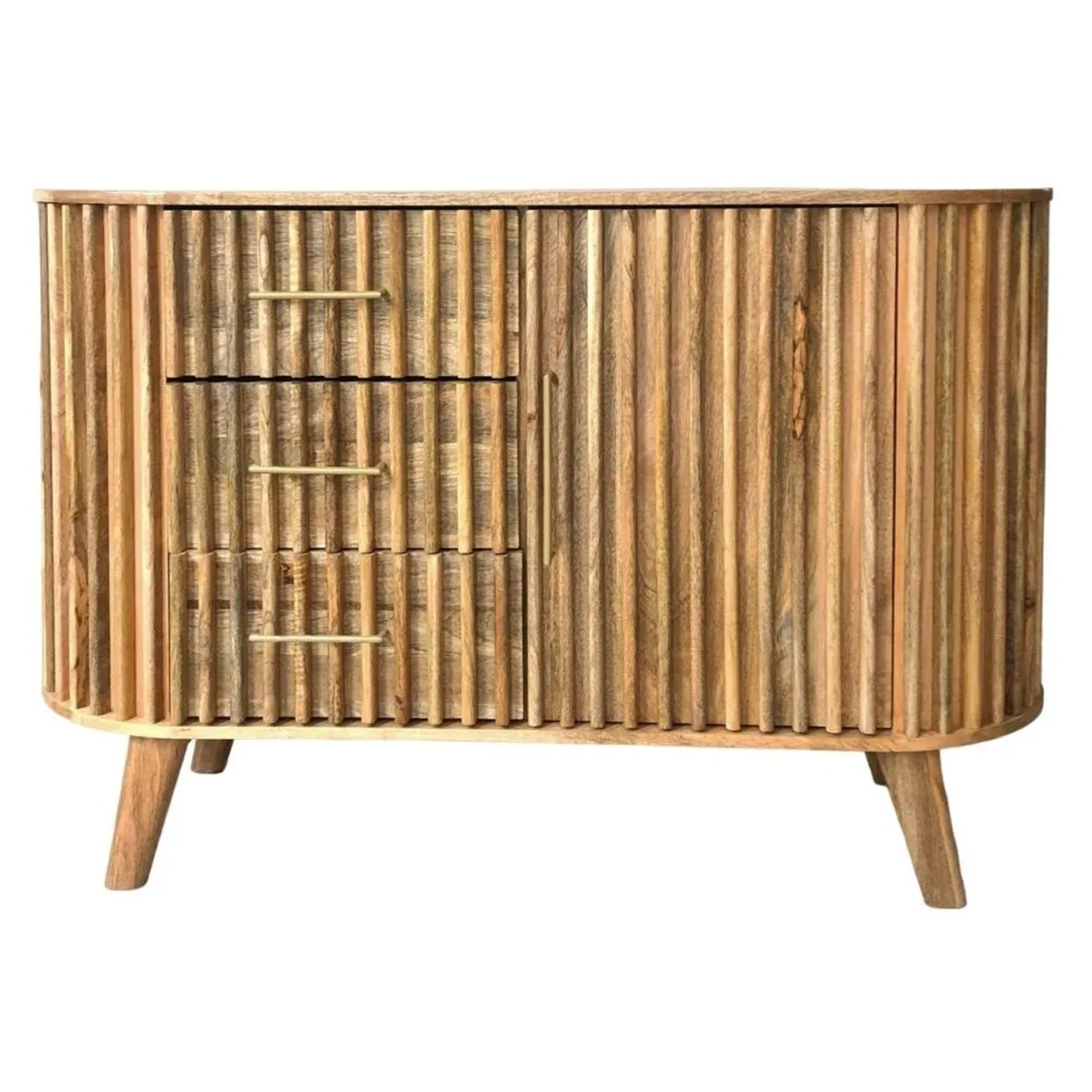 Crosby Mango Wood Slated Design 3 Drawer Sideboard with Door - Light Finish - Cybil & Clive