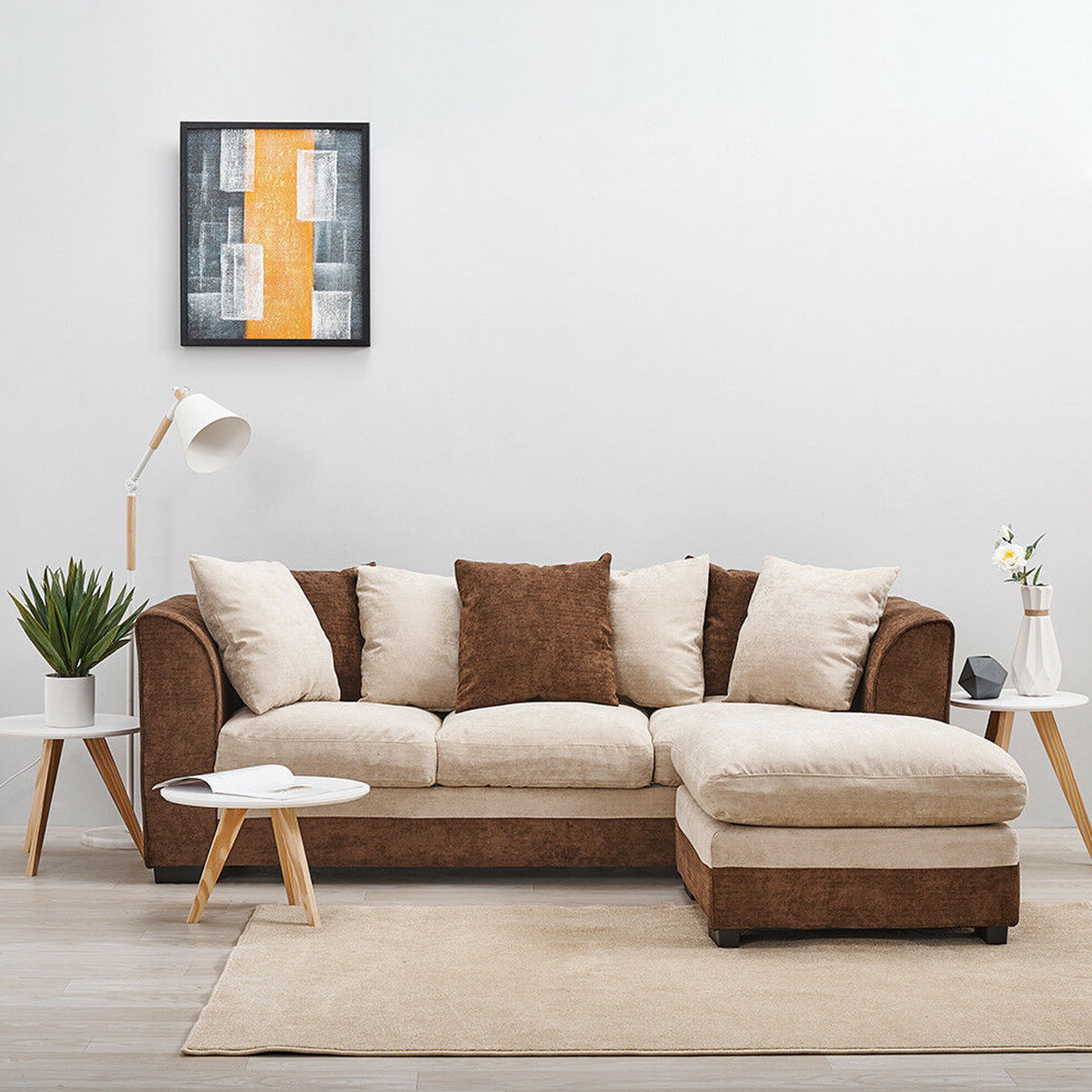 ARUBA Chenille Fabric 4 Seater L Shaped - Right Hand Facing Corner Sofa - Brown and Beige - Home Done