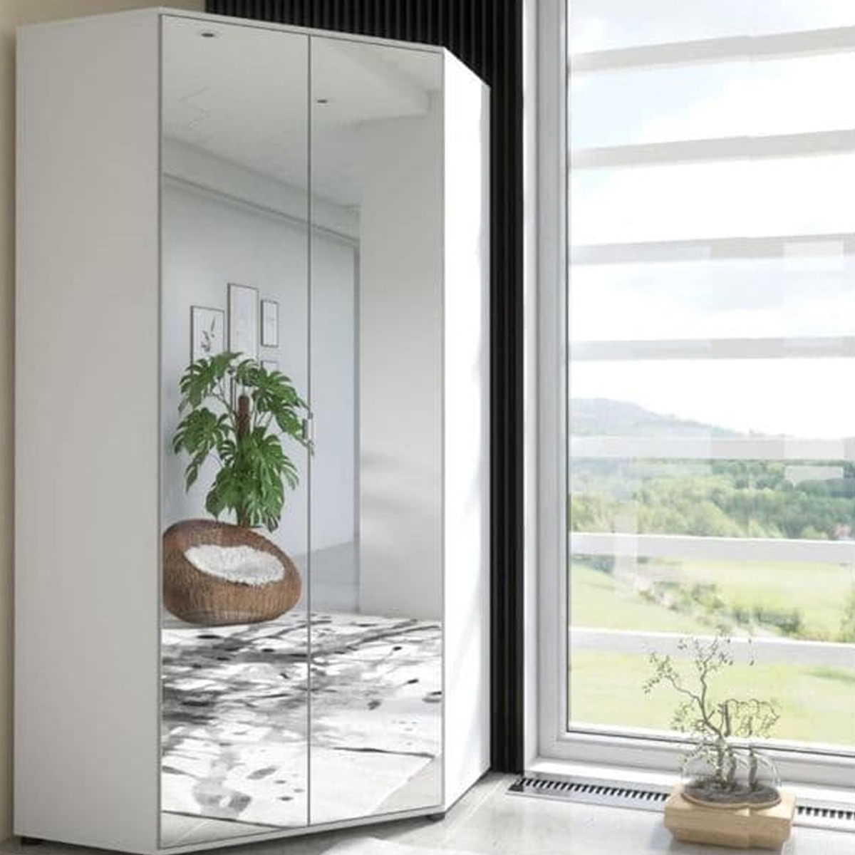 Corner Wardrobe - SARNIA 2 Door Full Mirrored Wardrobe White 93cm - Home Done