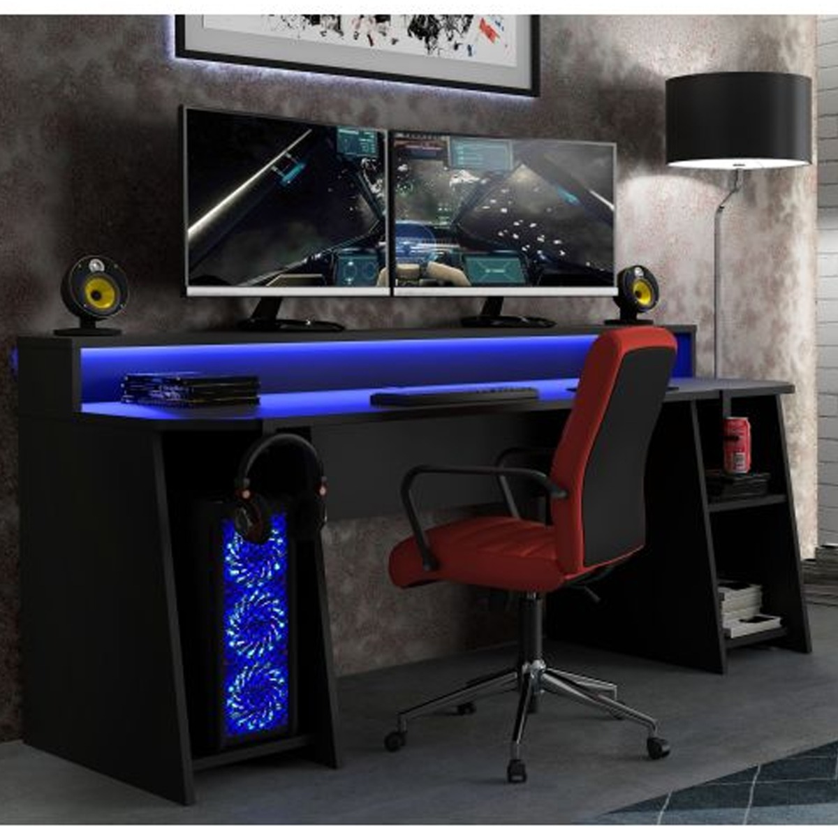Modern Design Gaming Desk with Blue LED, Cup Holder - Matt Black - Rosalind Collection