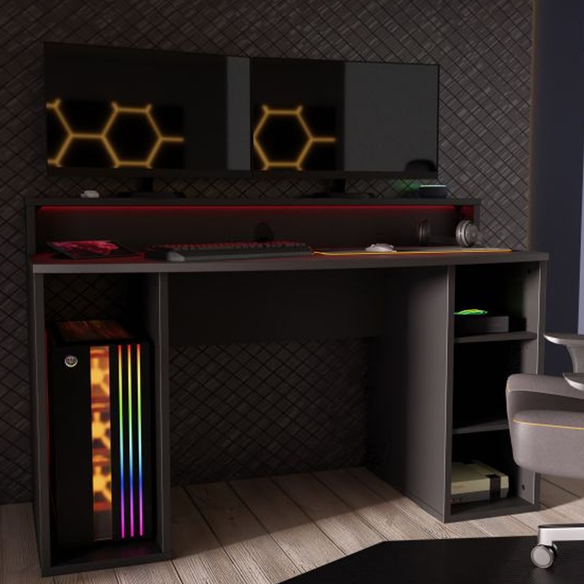 Modern Design Gaming Desk with LED, 2 Shelf - Matt Black - Rosalind Collection