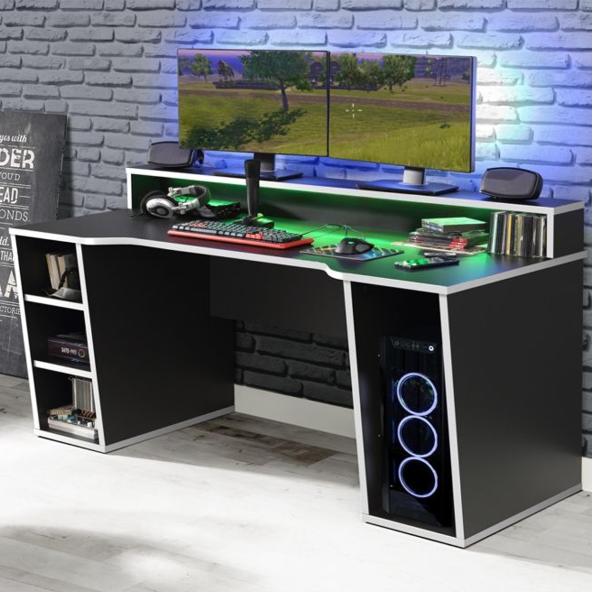 Modern Design Large Gaming Desk with LED, Shelf - Matt Black - Rosalind Collection