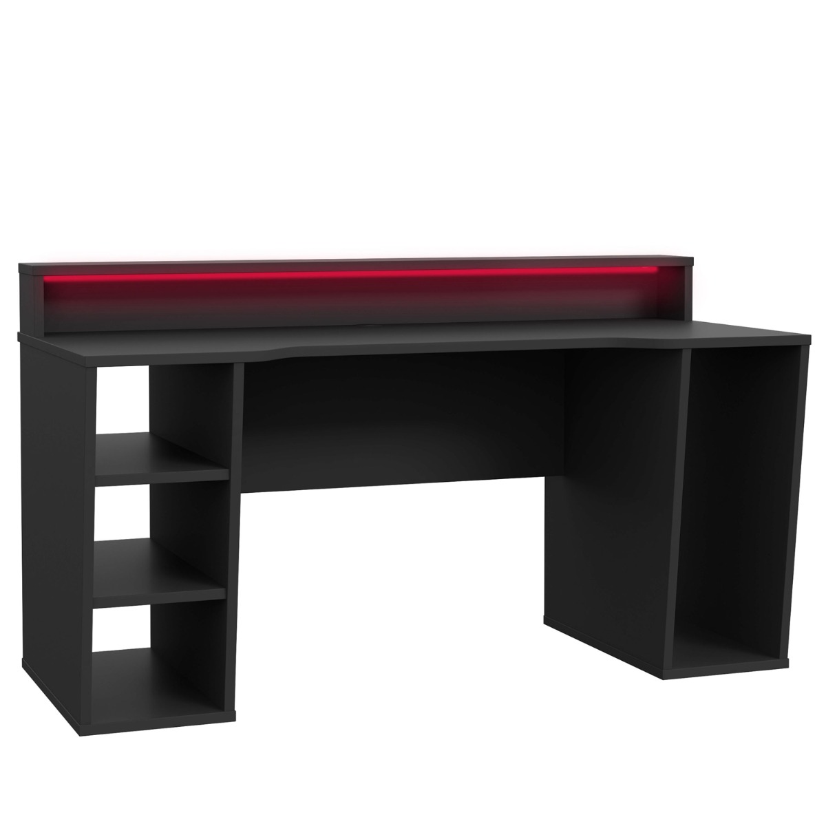 Modern Design Gaming Desk with LED, 3 Shelves, Tower PC Storage - Matt Black - Rosalind Collection