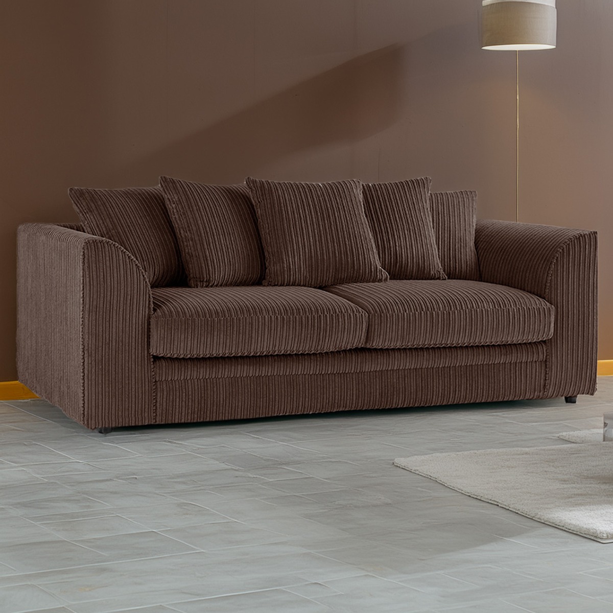 Desmond Jumbo Cord 3 Seater Scatterback Sofa - Chocolate Brown - Home Done